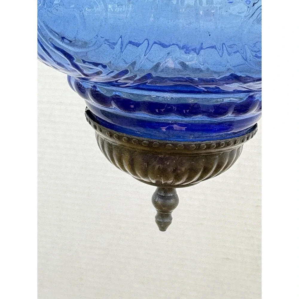 Antique hanging Blue Glass Bell Jar Candle Lantern ~ Pendant Bell